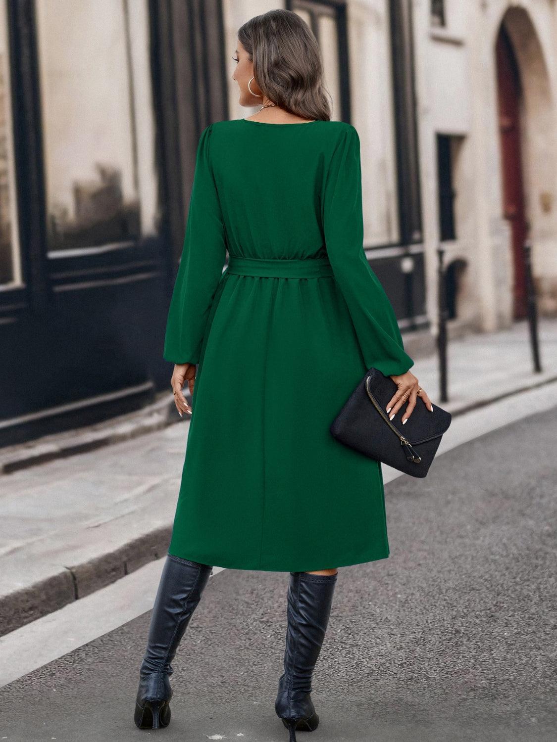 Buttoned Tie Front Long Sleeve Asymmetrical Neck Dress - ClubOn