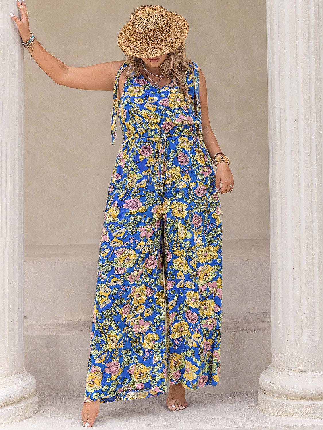 Plus Size Printed V-Neck Wide Leg Jumpsuit - ClubOn