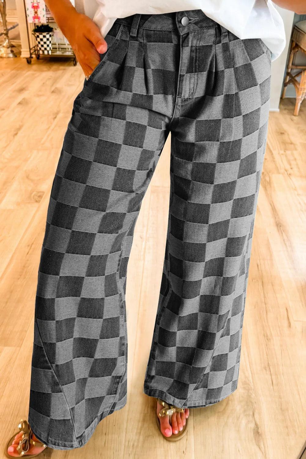 Checkered Wide Leg Jeans with Pockets - ClubOn