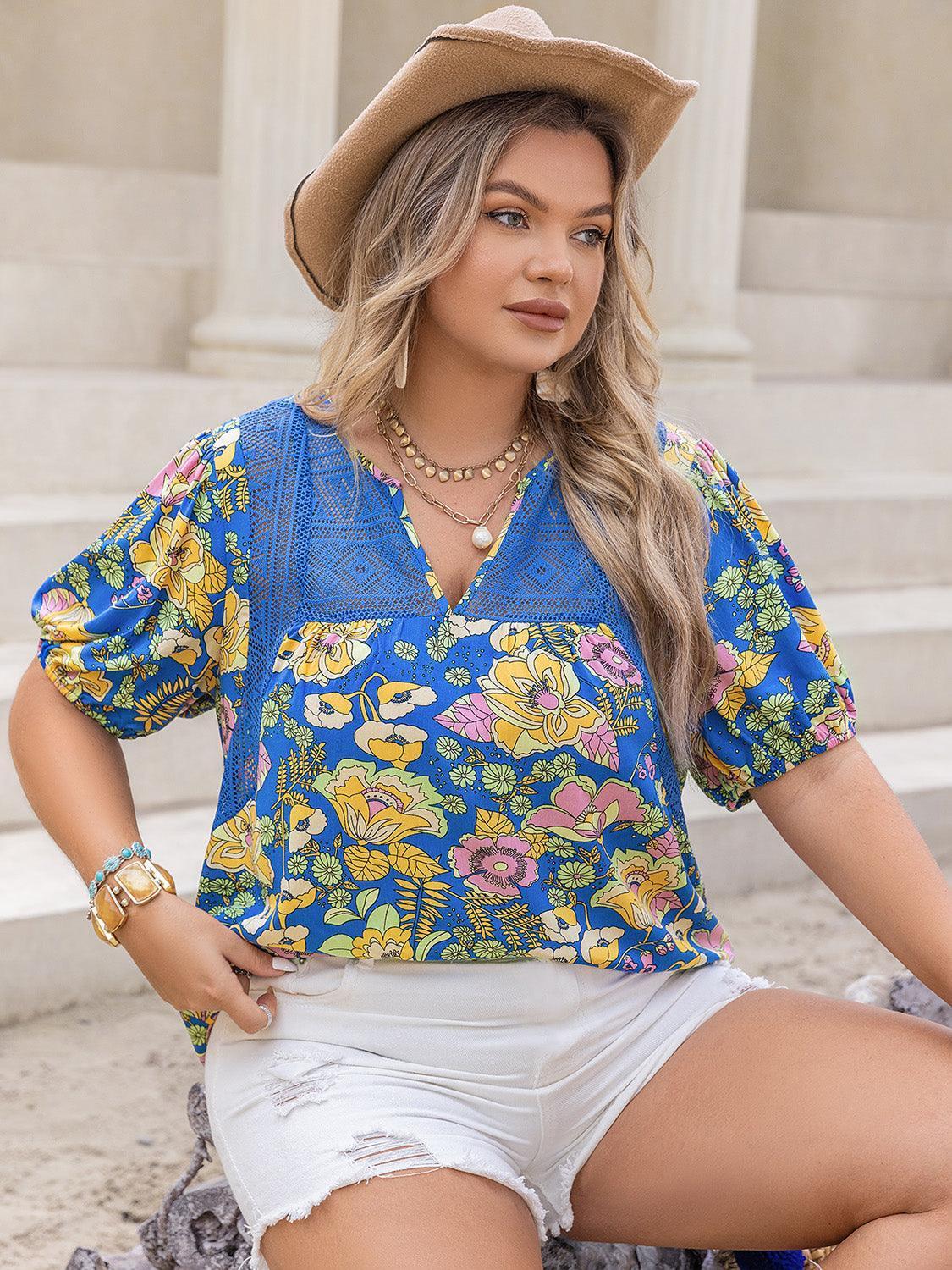 Plus Size Printed Notched Short Sleeve Blouse - ClubOn