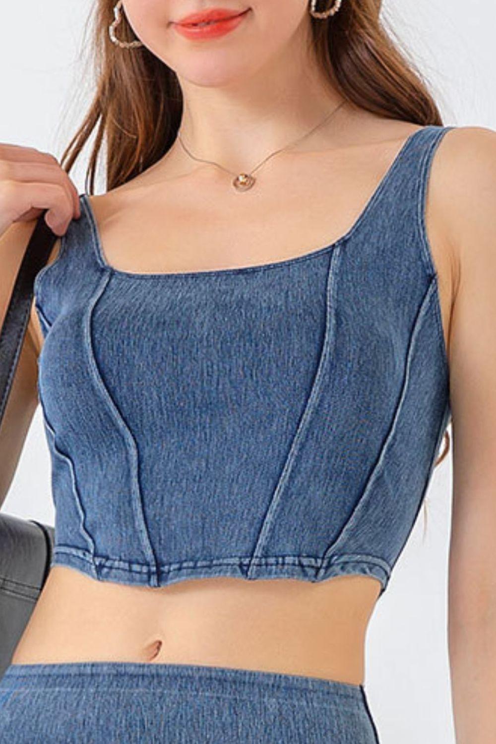 Seam Detail Cropped Denim Tank - ClubOn