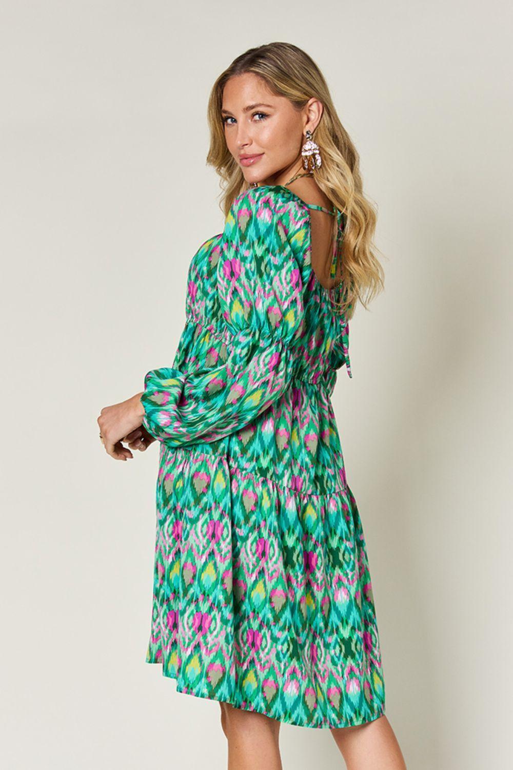 Double Take Full Size Printed Long Sleeve Dress - ClubOn