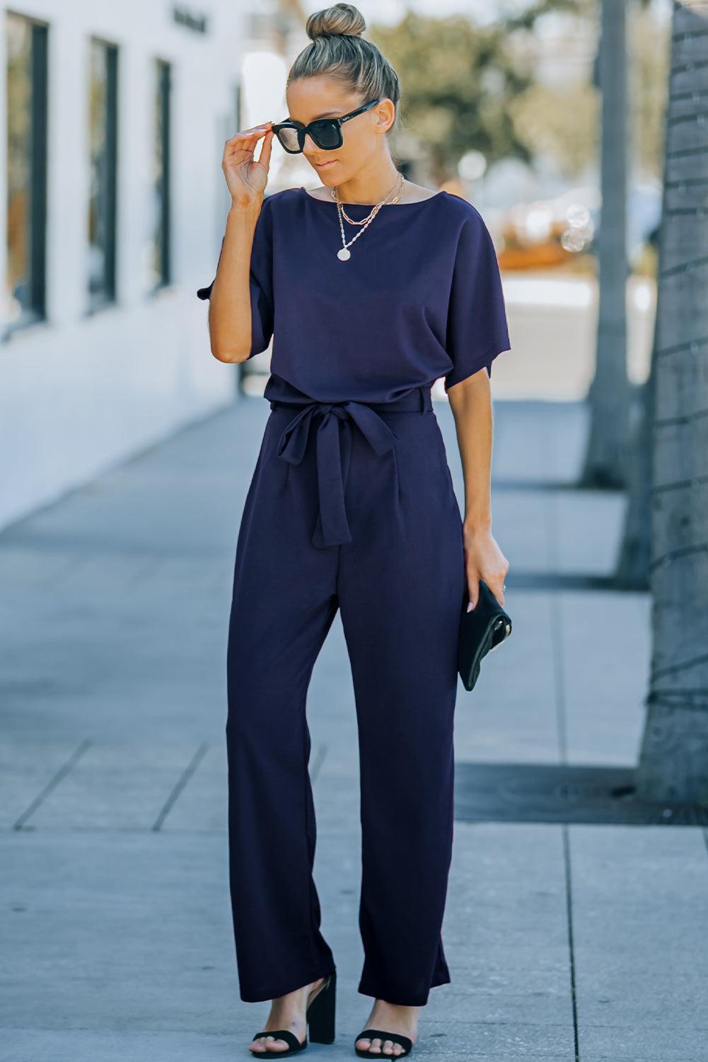 Full Size Tie Waist Straight Leg Jumpsuit - ClubOn