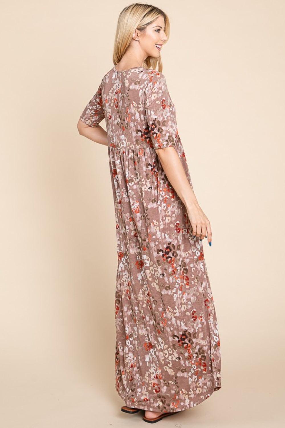 BOMBOM Printed Shirred Maxi Dress - ClubOn