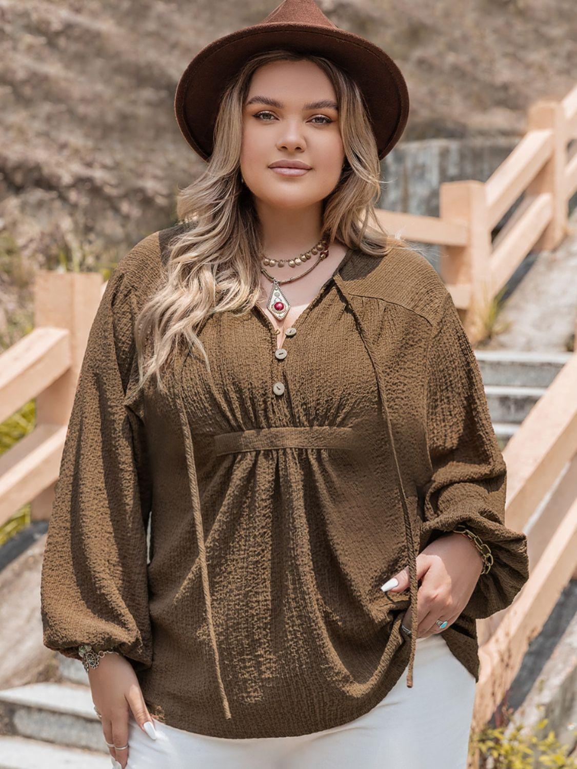 Plus Size Tie Neck Long Sleeve Blouse - ClubOn
