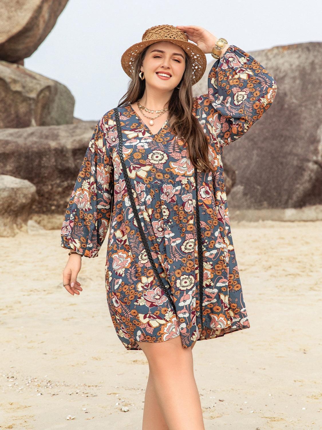 Plus Size Printed V-Neck Balloon Sleeve Mini Dress - ClubOn