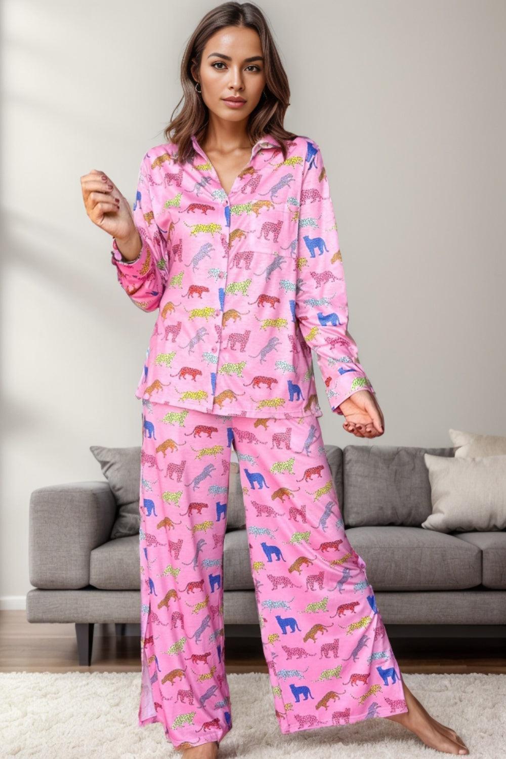 Pocketed Printed Top and Pants Lounge Set - ClubOn