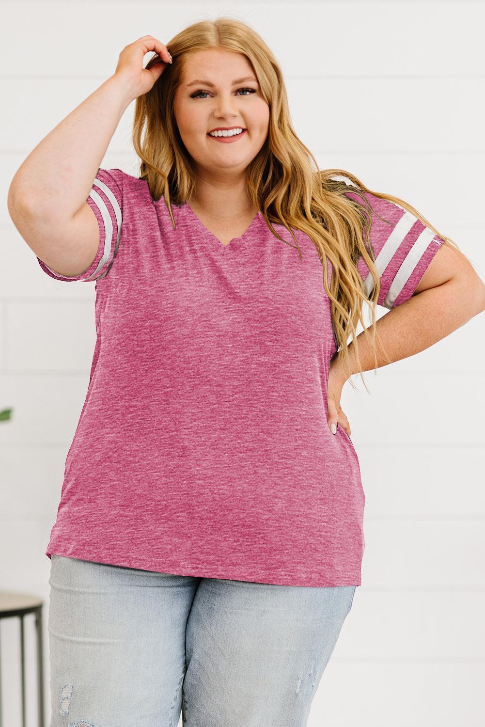 Plus Size Striped V-Neck Tee Shirt - ClubOn