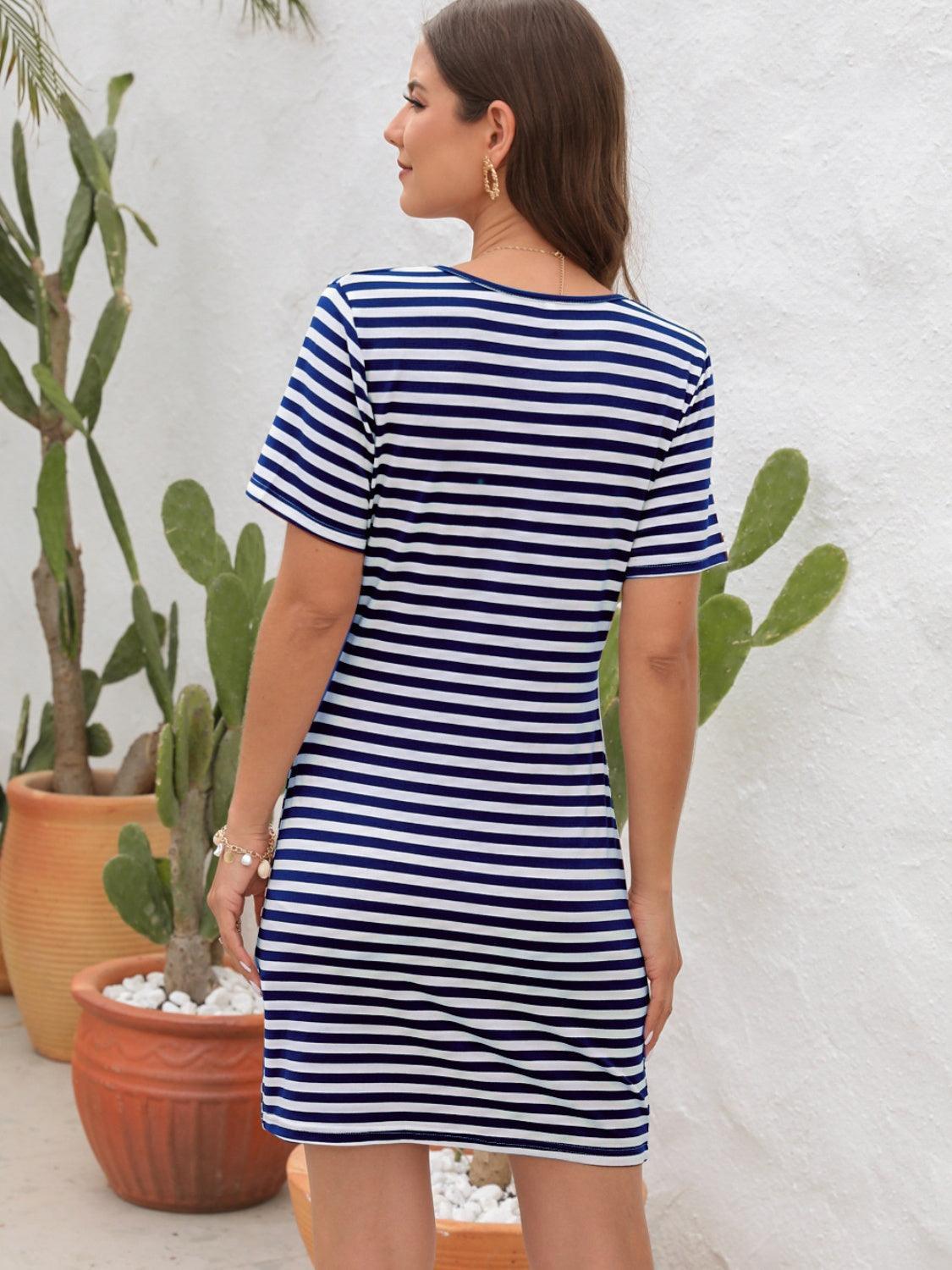 Cutout Striped Round Neck Short Sleeve Dress - ClubOn