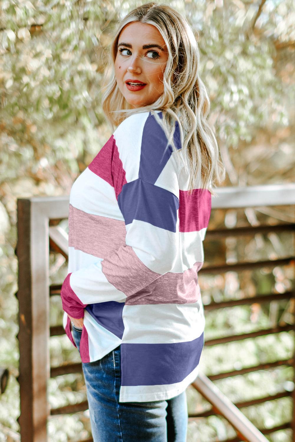 Plus Size Striped Slit Long Sleeve T-Shirt - ClubOn