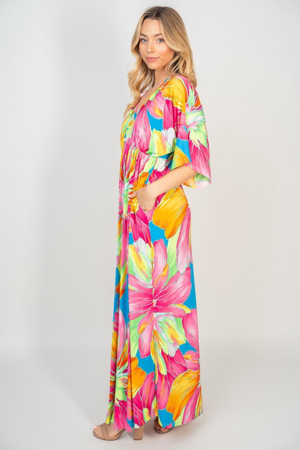 White Birch Printed V-Neck Maxi Dress with Pockets - ClubOn