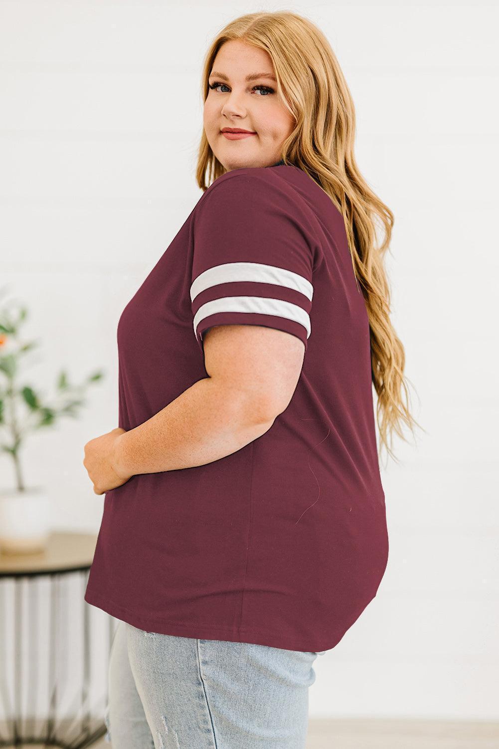 Plus Size Striped V-Neck Tee Shirt - ClubOn
