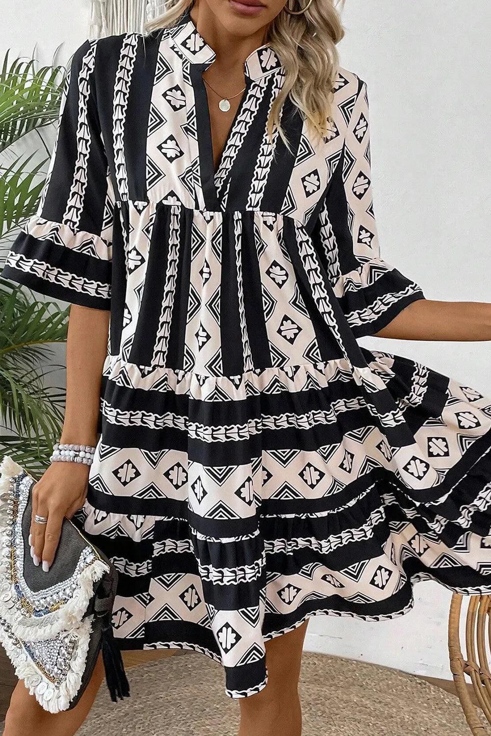 Tiered Printed Notched Half Sleeve Dress - ClubOn