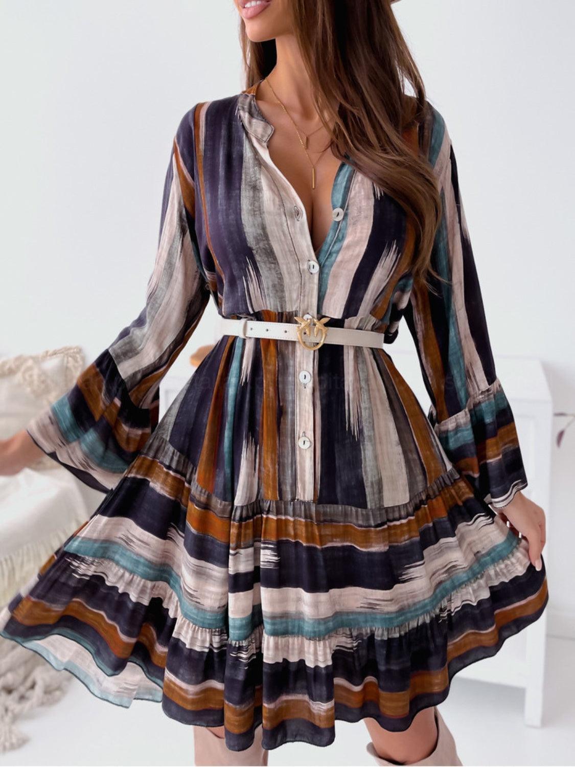 Buttoned Striped Long Sleeve Mini Dress - ClubOn