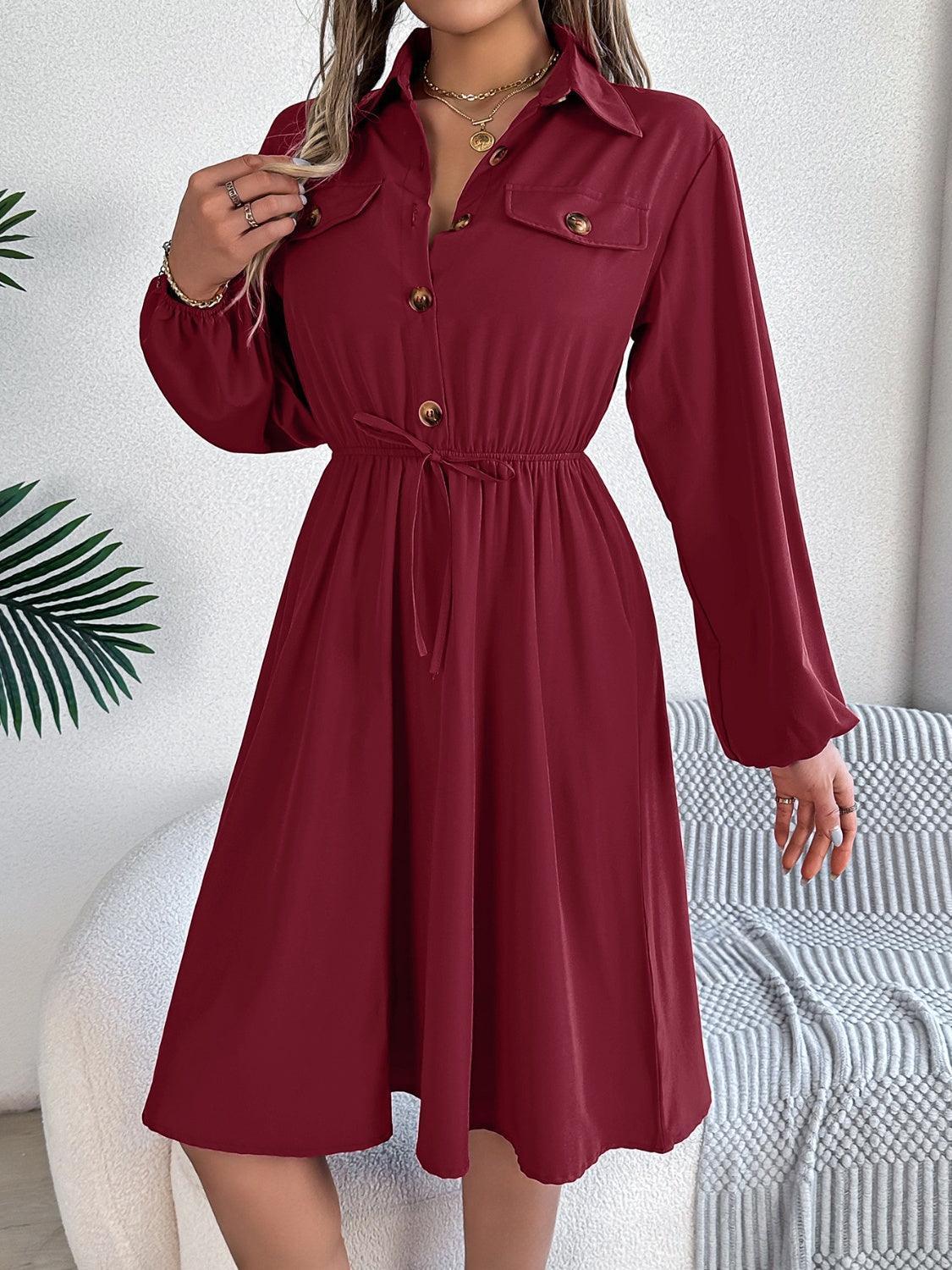 Collared Neck Long Sleeve Dress with Pockets - ClubOn