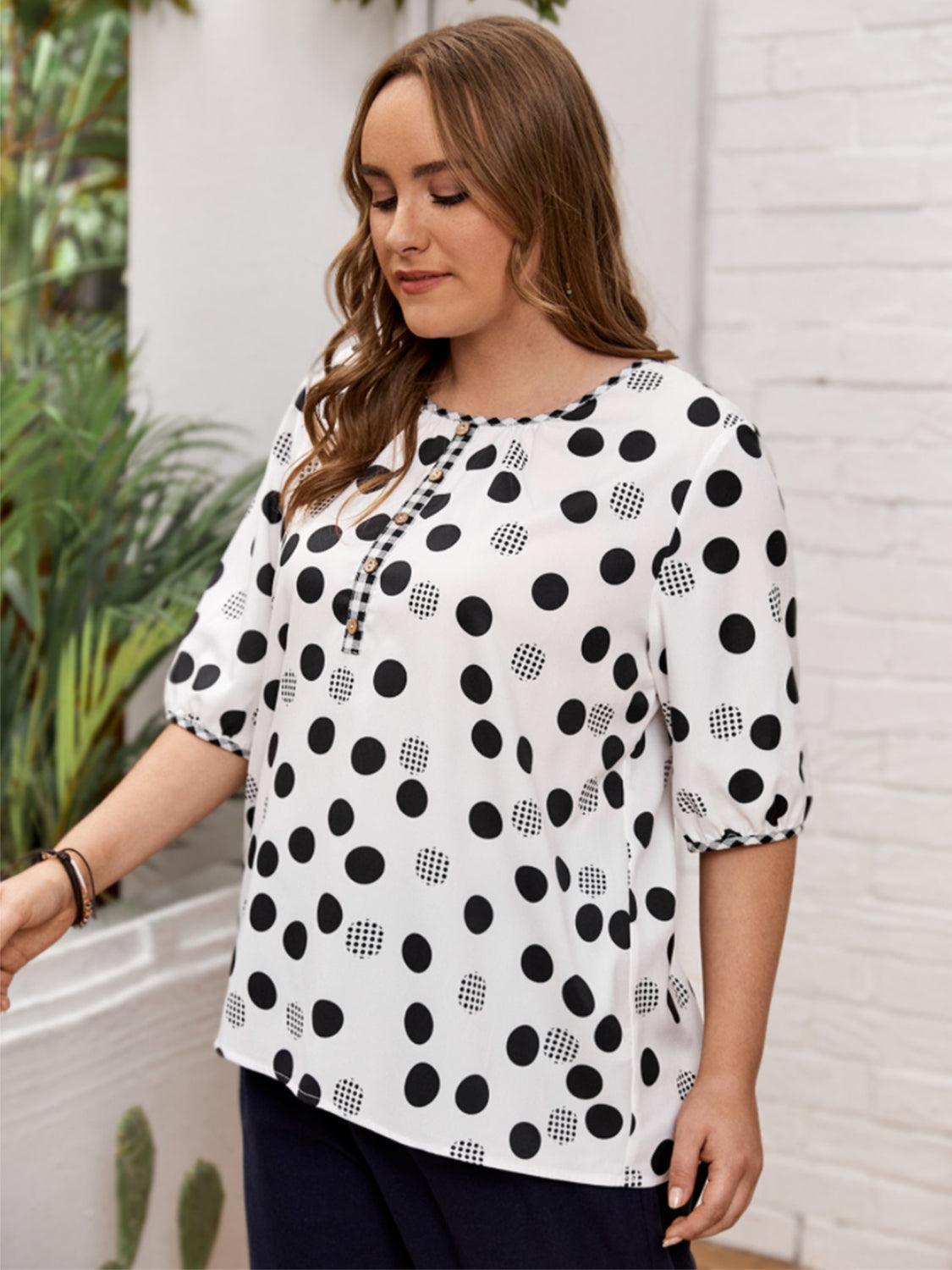 Plus Size Polka Dot Round Neck Half Sleeve Blouse - ClubOn