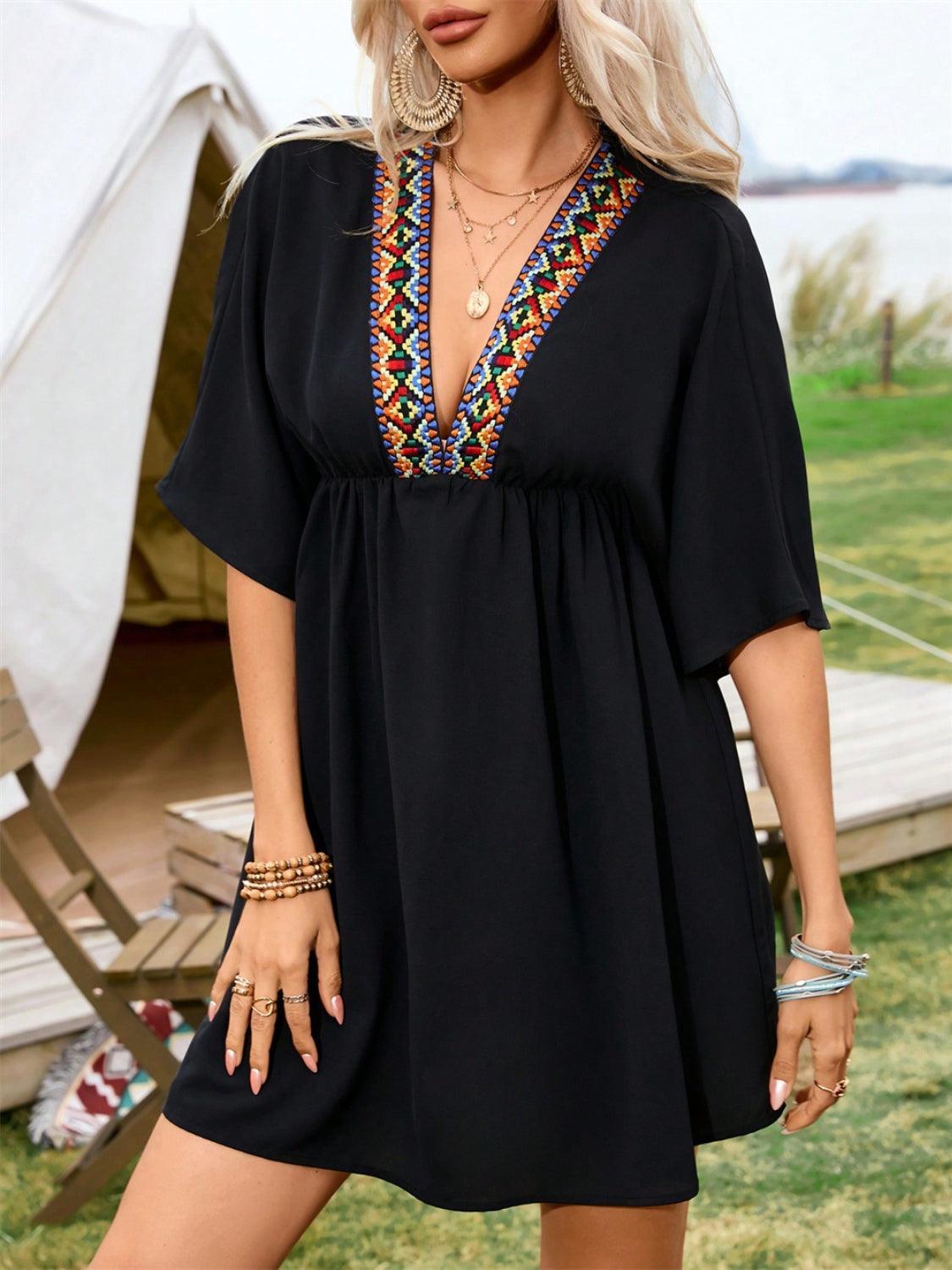 Embroidered Plunge Half Sleeve Mini Dress - ClubOn