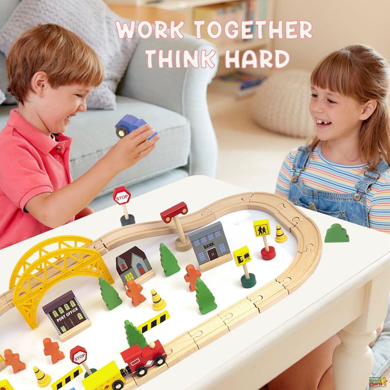 WoodenEdu Double-Side Model Train Set, Easy to Assemble Wood, Yellow, 60 Pcs, 2.72lbs - ClubOn