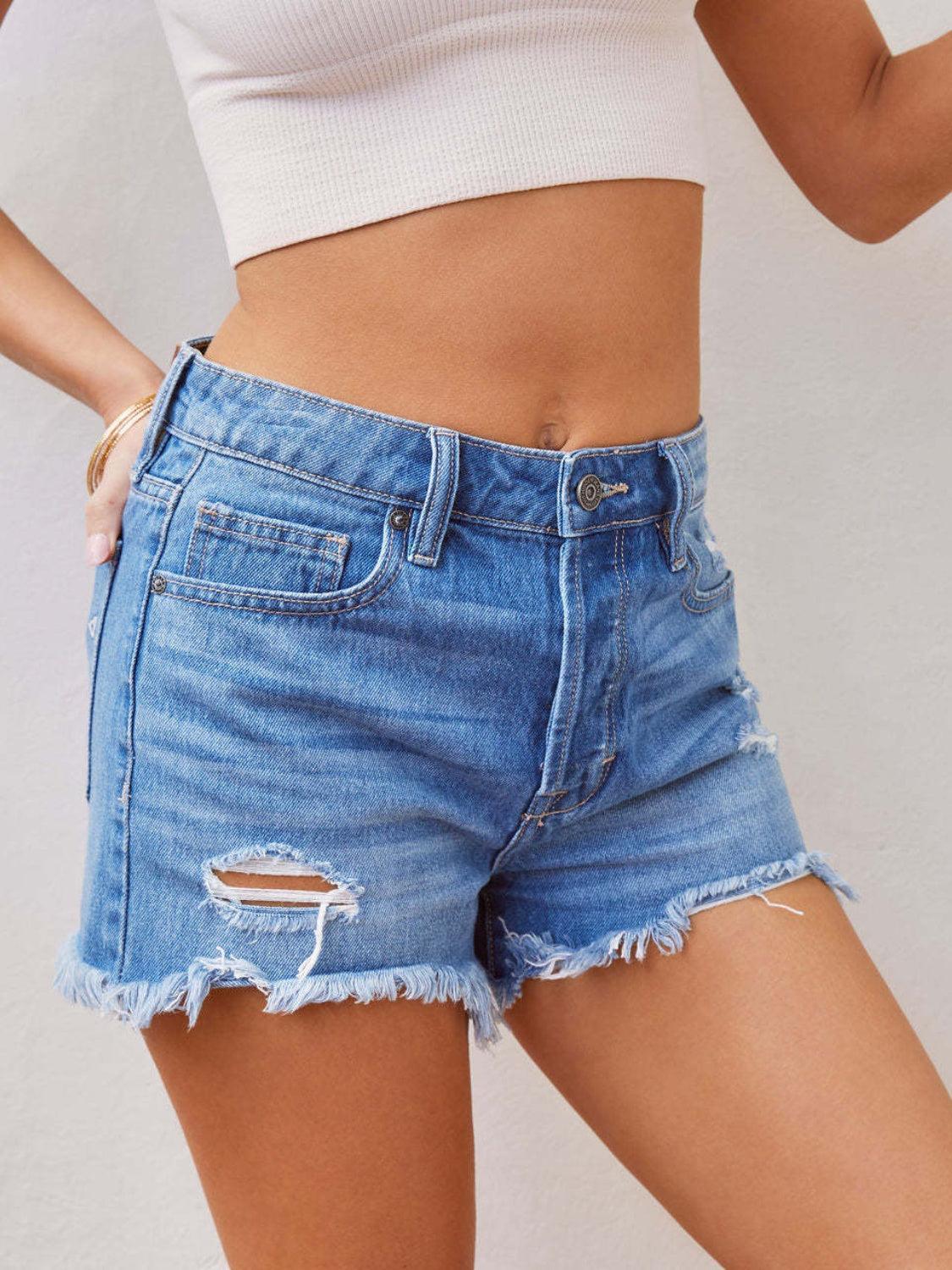 Distressed Raw Hem Denim Shorts - ClubOn