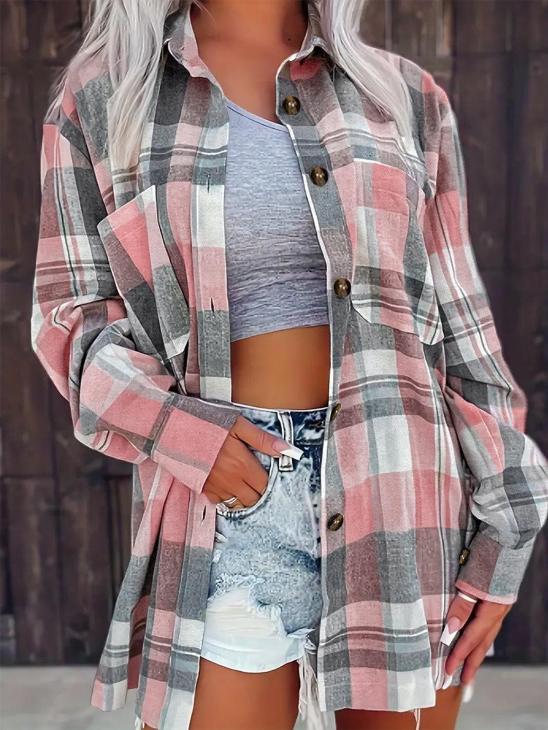 Pocketed Plaid Collared Neck Shacket - ClubOn