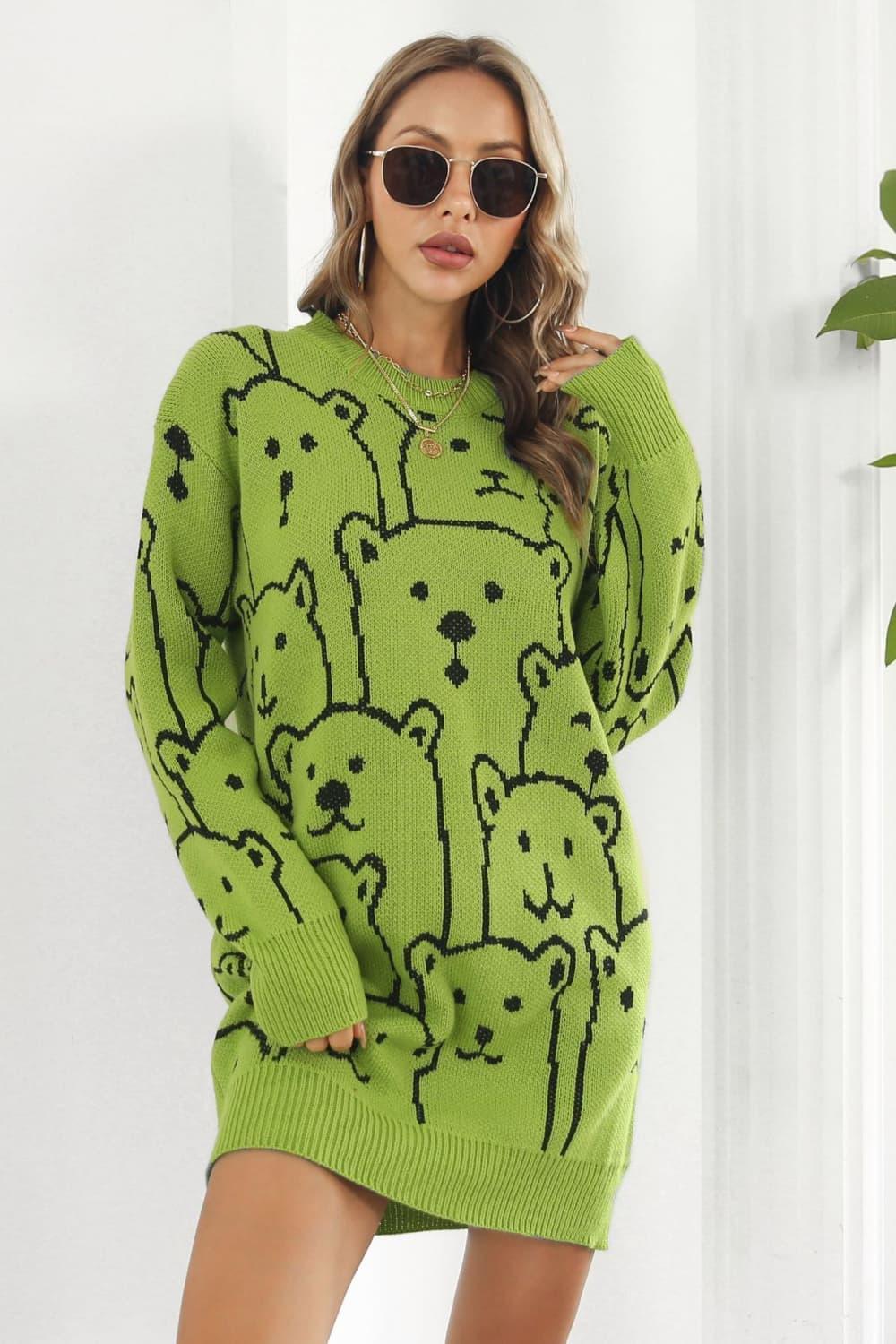 Bear Pattern Round Neck Sweater Dress - ClubOn