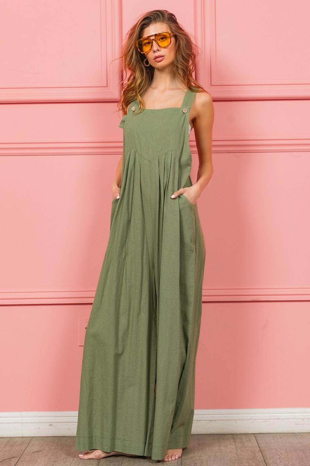 BiBi Ruched Wide Leg Overalls with Pockets - ClubOn