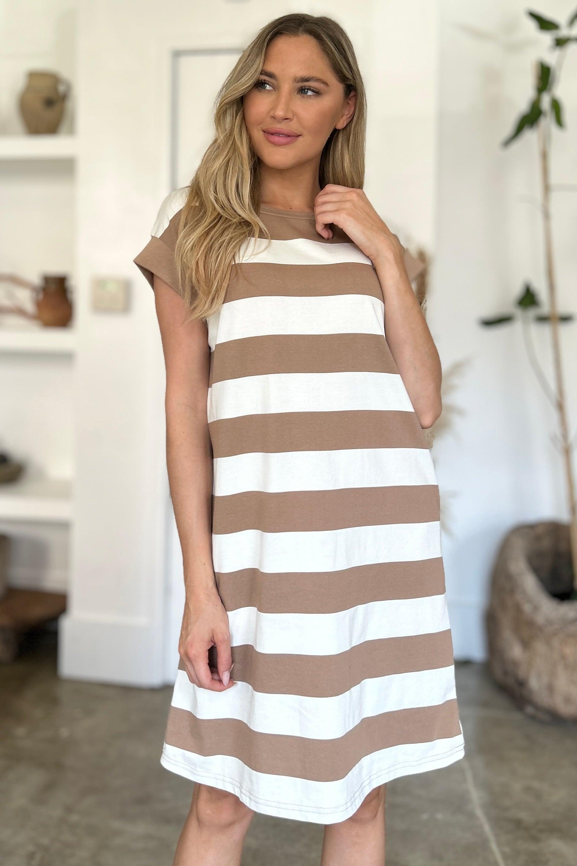 Basic Bae Full Size Striped Round Neck Cap Sleeve Mini Dress - ClubOn