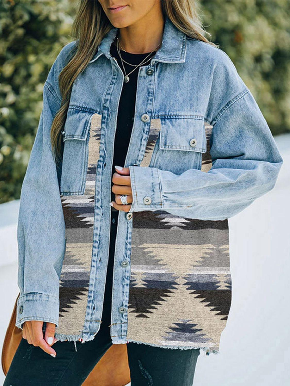 Collared Neck Dropped Shoulder Denim Jacket - ClubOn