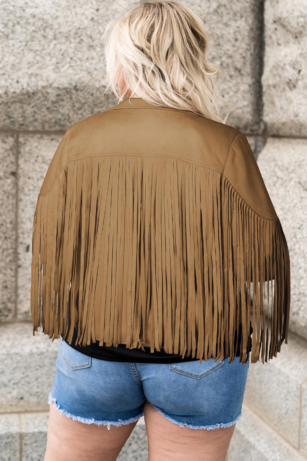 Plus Size Fringe Open Front Jacket - ClubOn