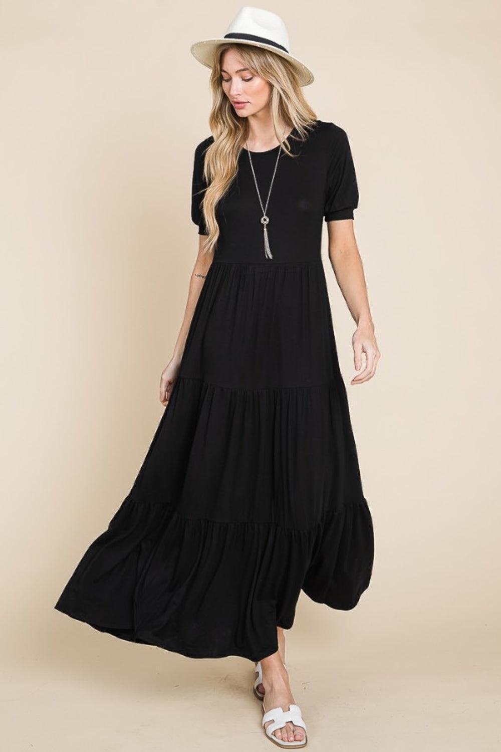 BOMBOM Short Sleeve Tiered Maxi Dress - ClubOn