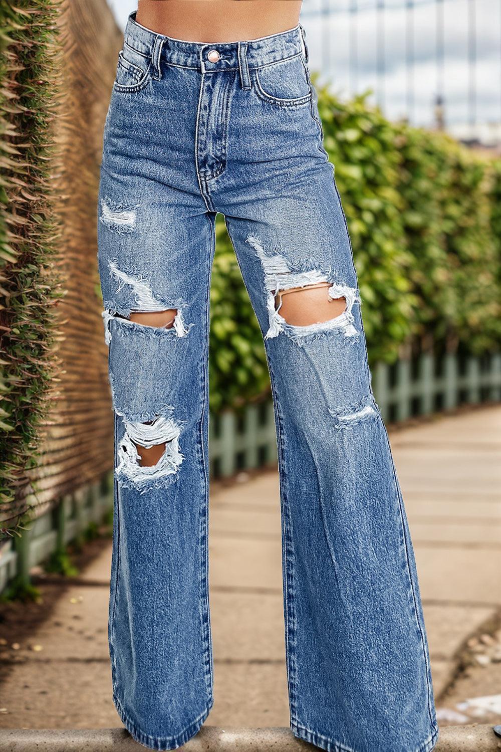 Distressed High Waist Bootcut Jeans - ClubOn