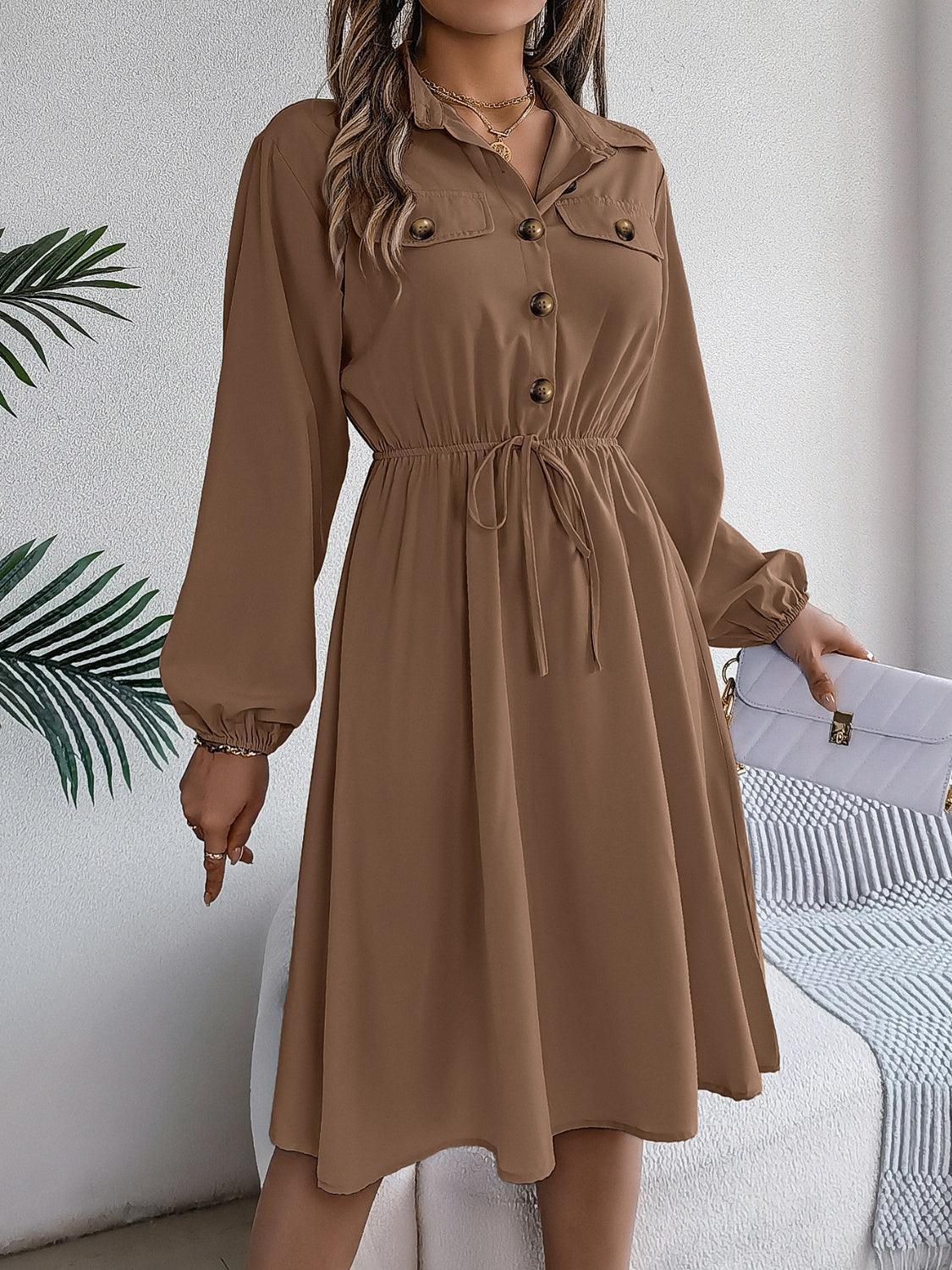 Collared Neck Long Sleeve Dress with Pockets - ClubOn