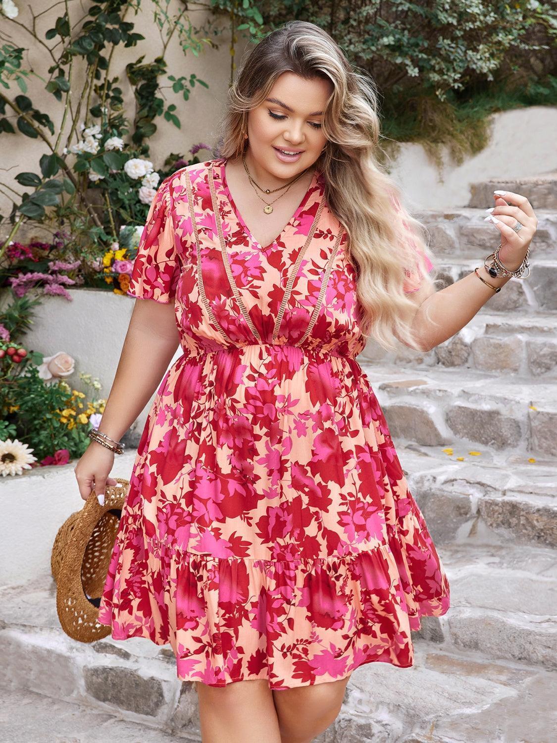 Plus Size Printed V-Neck Flutter Sleeve Dress - ClubOn