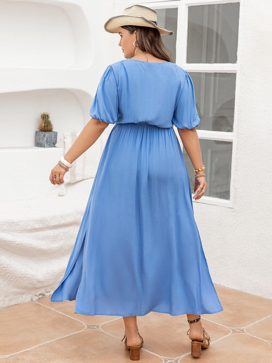 Plus Size Slit V-Neck Short Sleeve Dress - ClubOn