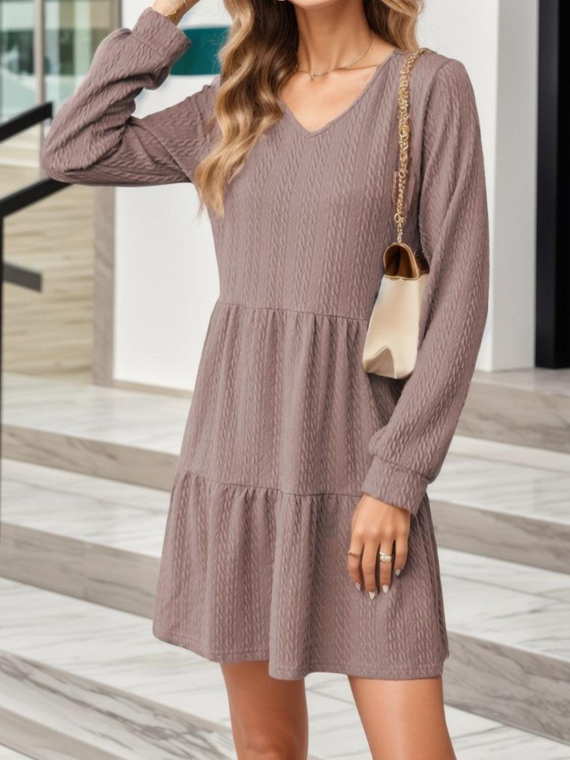 V-Neck Long Sleeve Mini Dress - ClubOn