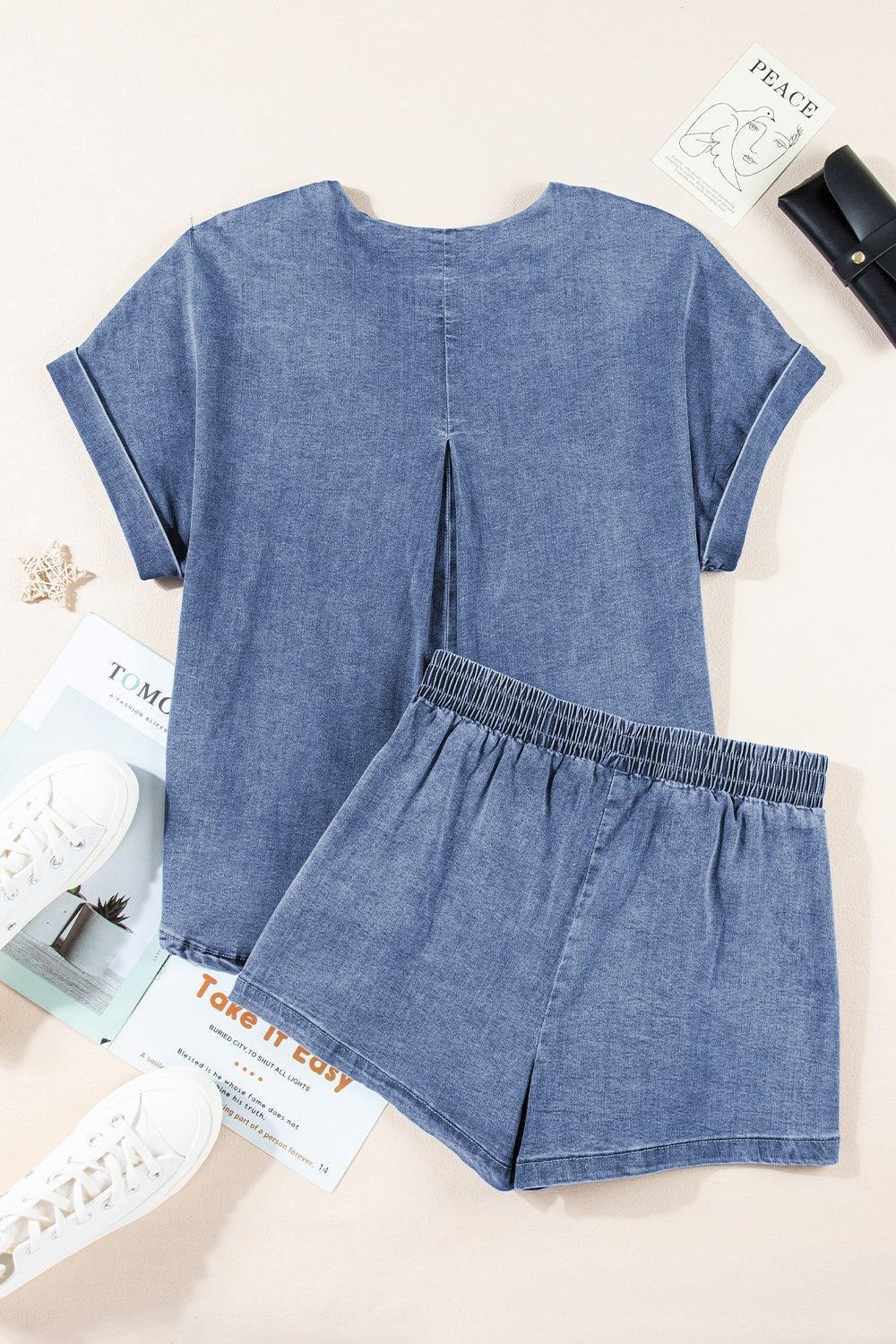 Round Neck Short Sleeve Top and Shorts Denim Set - ClubOn