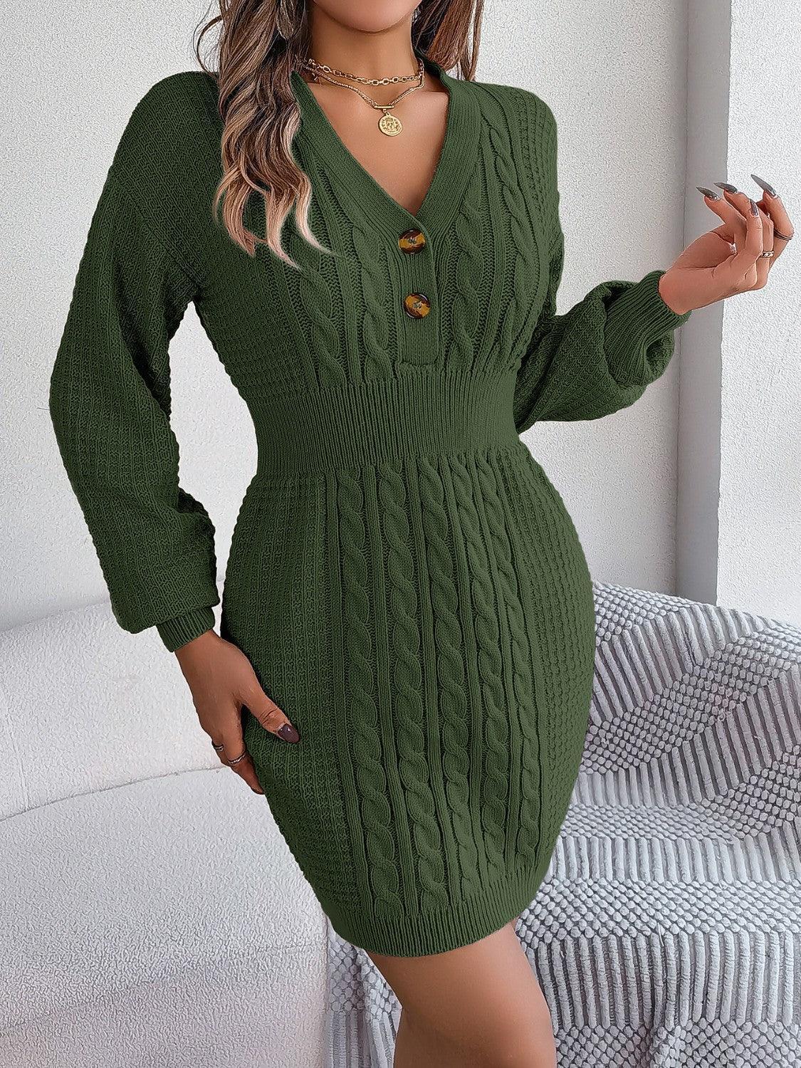 Buttoned Cable-Knit V-Neck Sweater Dress - ClubOn