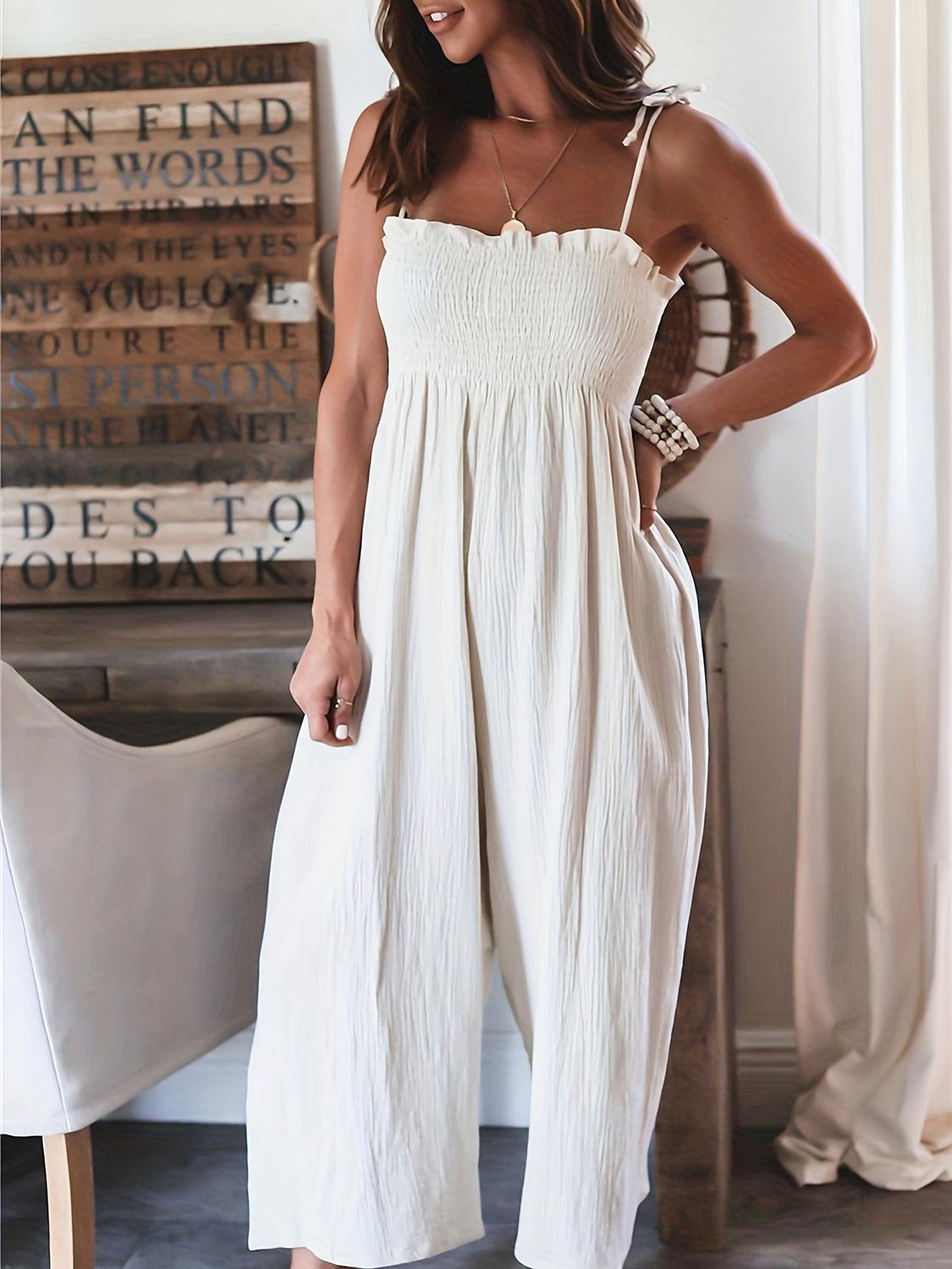 Full Size Smocked Spaghetti Strap Wide Leg Jumpsuit - ClubOn