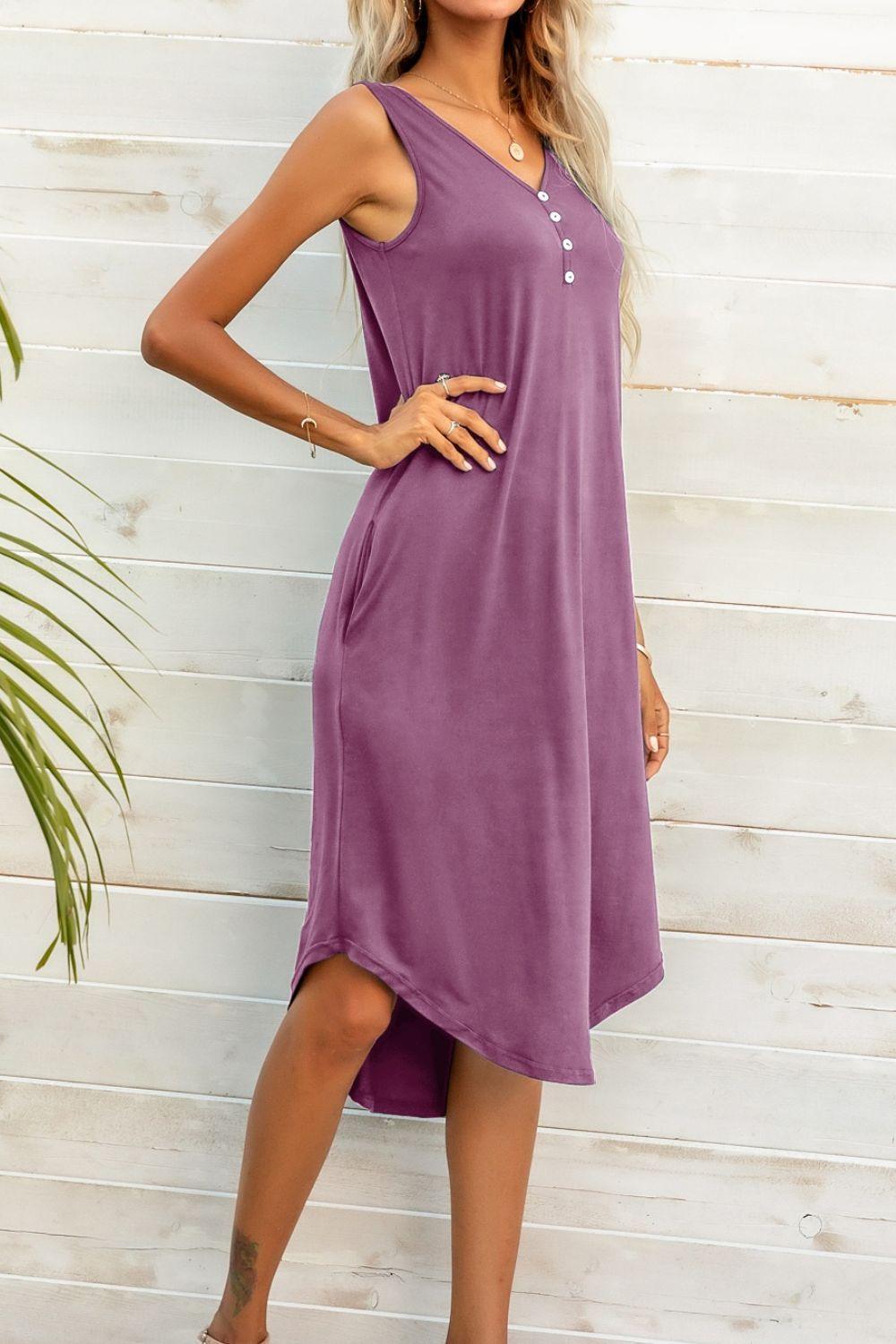 Buttoned V-Neck Curved Hem Sleeveless Dress - ClubOn