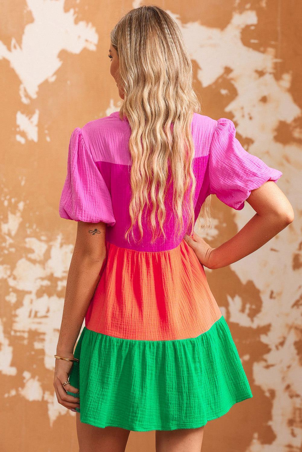 Color Block Buttoned Puff Sleeve Dress - ClubOn