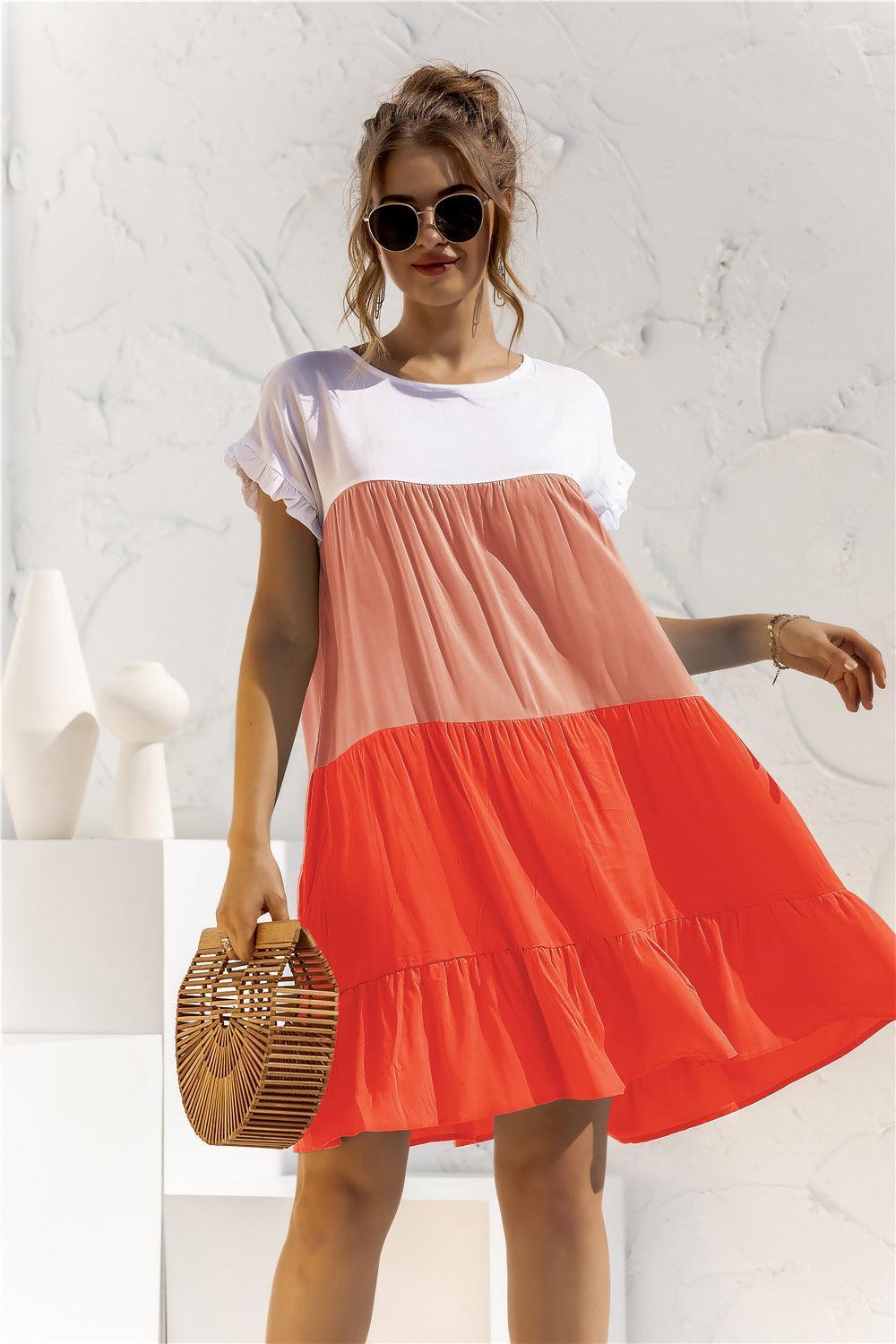 Color Block Round Neck Ruffle Hem Dress - ClubOn
