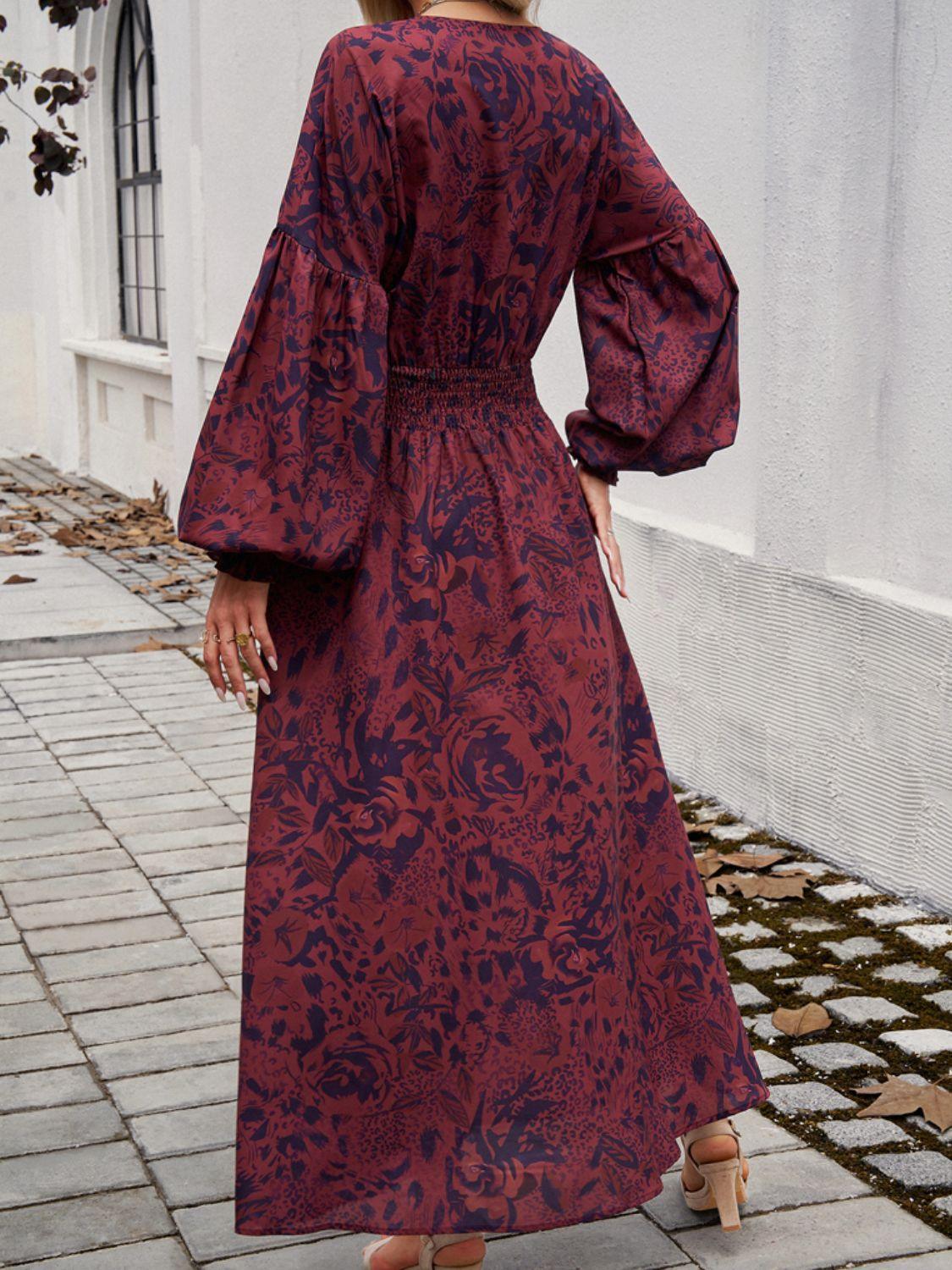 Devine Split Printed Surplice Long Sleeve Midi Dress - ClubOn