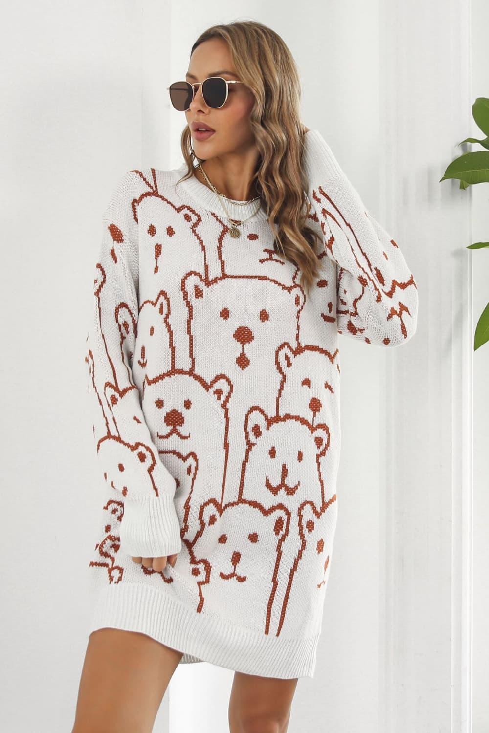 Bear Pattern Round Neck Sweater Dress - ClubOn