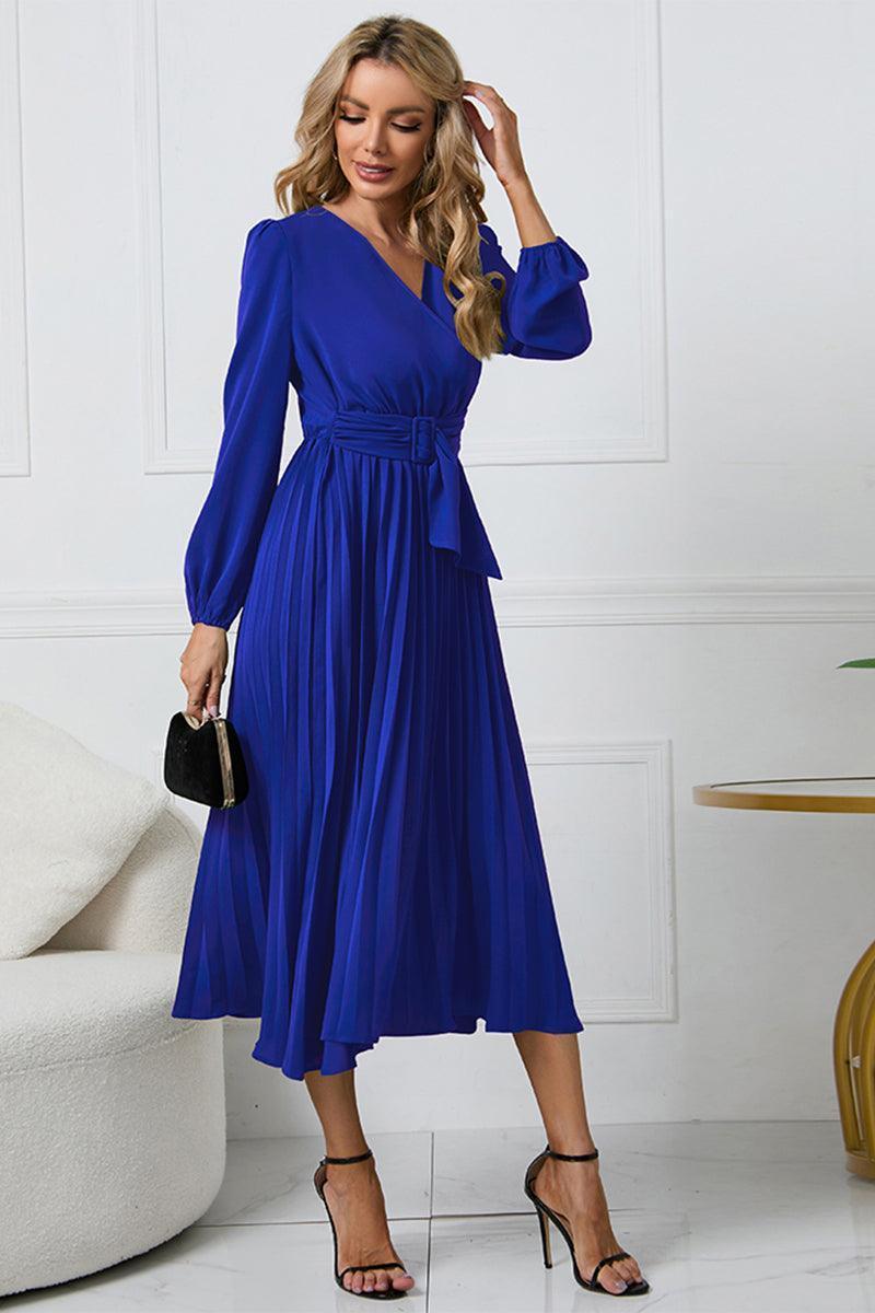 V-Neck Long Sleeve Tie Waist Midi Dress - ClubOn