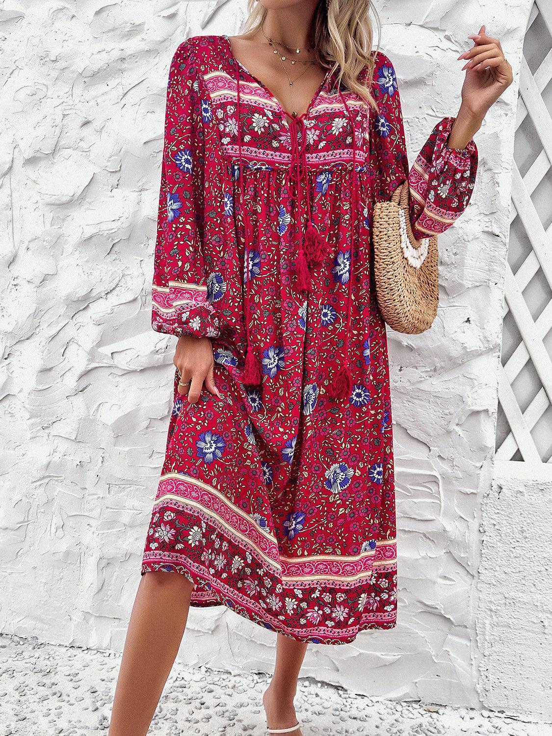 Devine Tassel Tied Printed Long Sleeve Dress - ClubOn