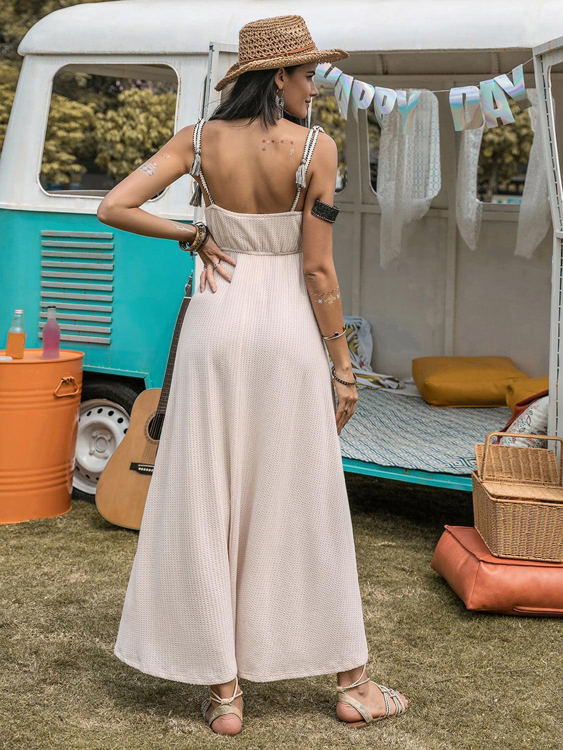 Waffle-Knit Tied Spaghetti Strap Dress - ClubOn