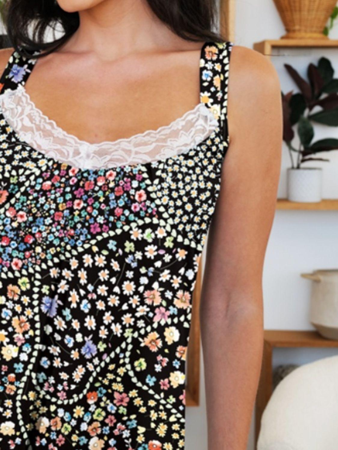 FAM-FAM Lace Detail Printed Wide Strap Mini Dress - ClubOn