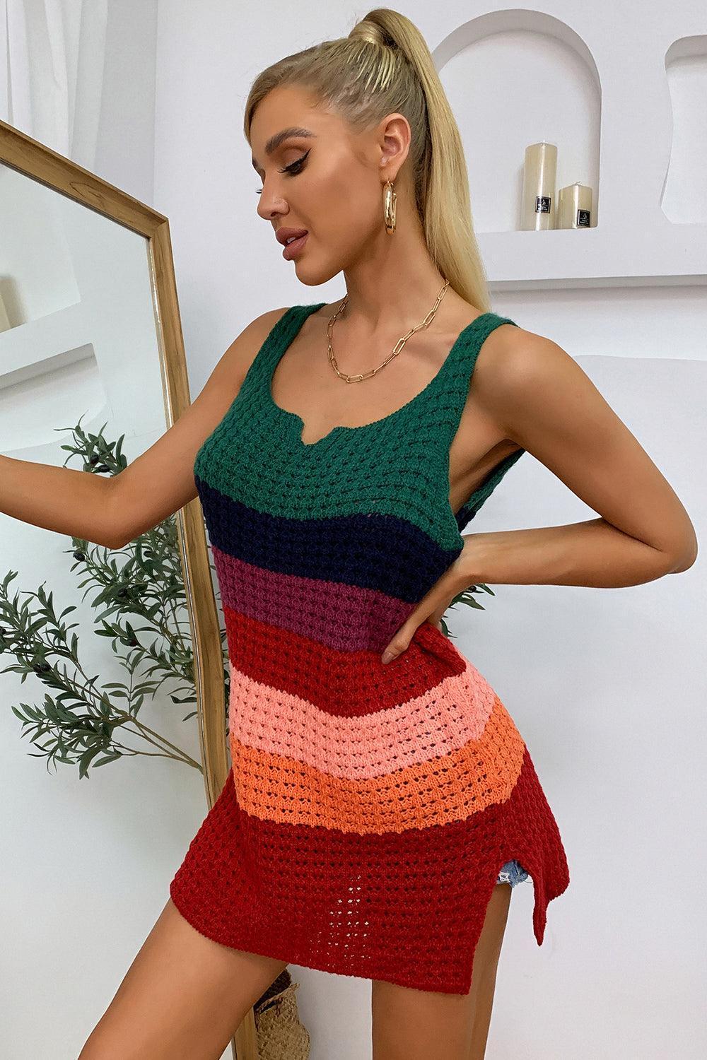 Color Block Notched Neck Slit Sweater Dress - ClubOn