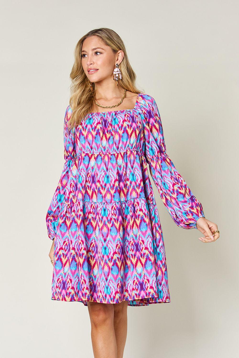 Double Take Full Size Printed Long Sleeve Dress - ClubOn