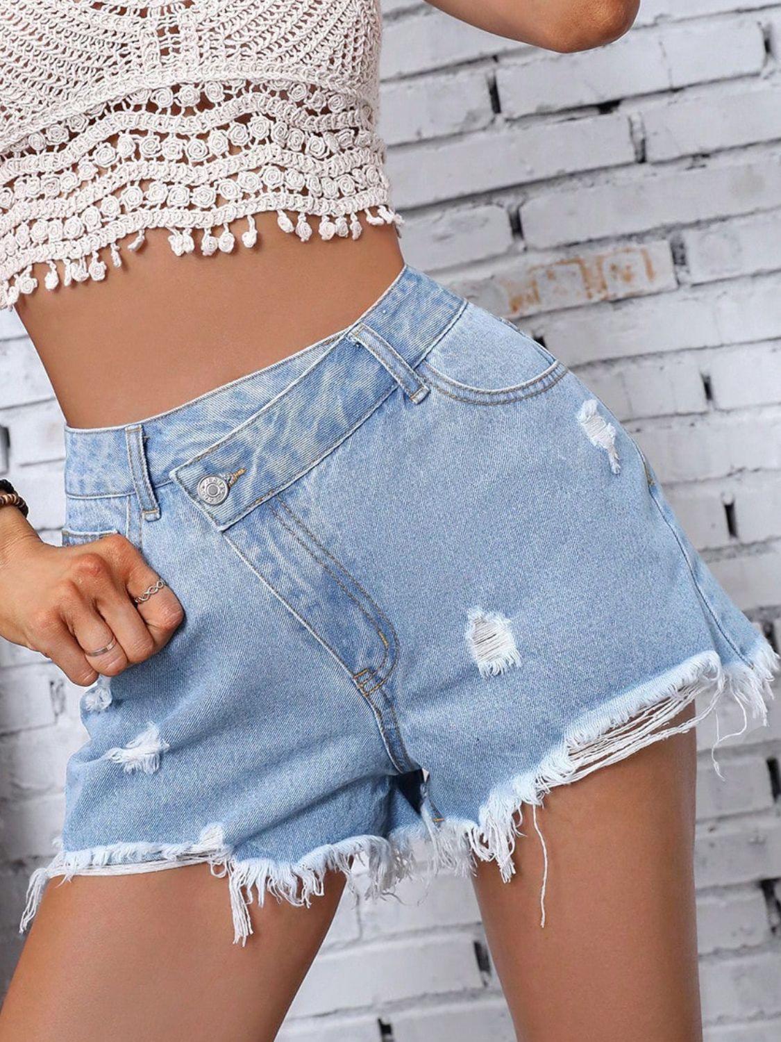 Distressed Raw Hem Denim Shorts - ClubOn